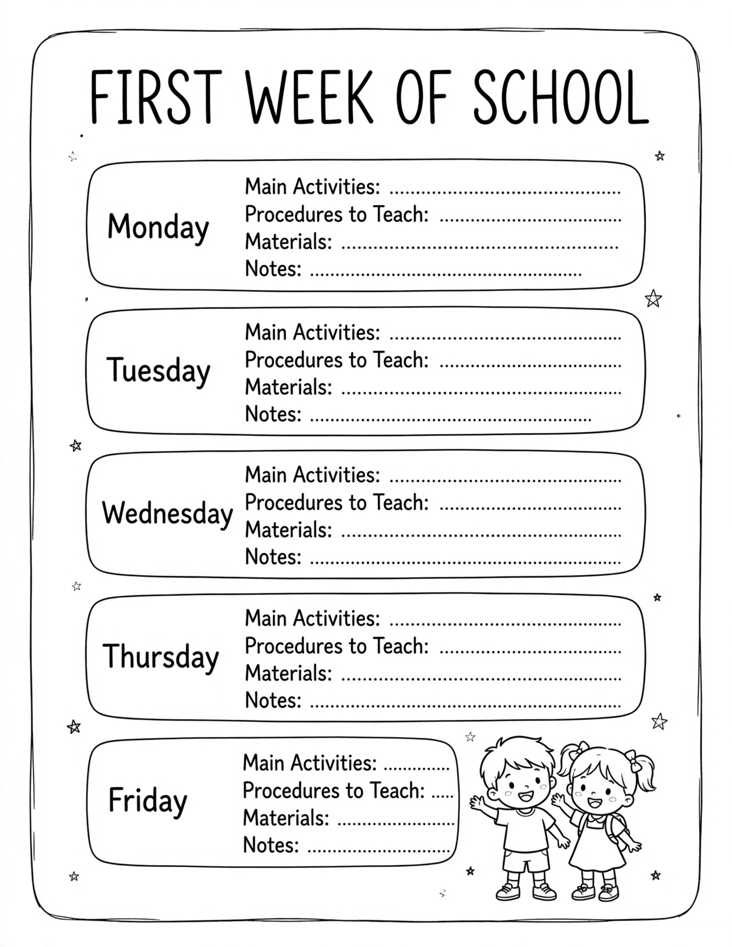 Back To School Planner - FIRST WEEK OF SCHOOL