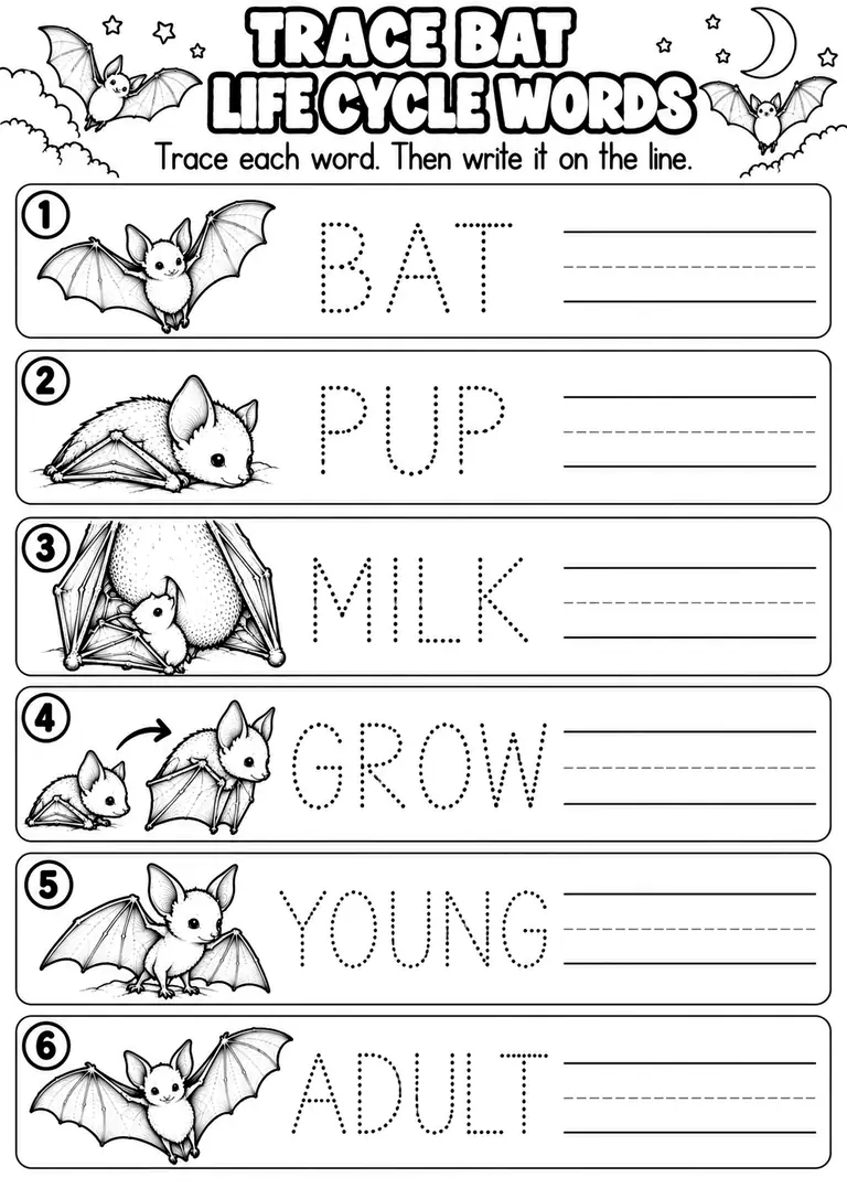 TRACE BAT LIFE CYCLE WORDS for Pre-K, Kindergarten, 1st Grade