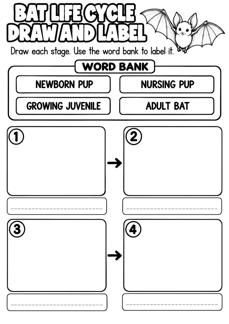 BAT LIFE CYCLE DRAW AND LABEL for Pre-K, Kindergarten, 1st Grade