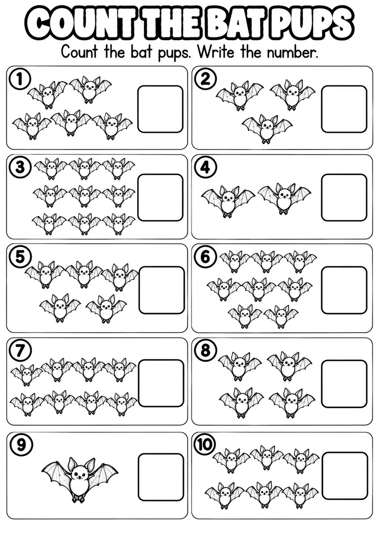 COUNT THE BAT PUPS for Pre-K, Kindergarten, 1st Grade