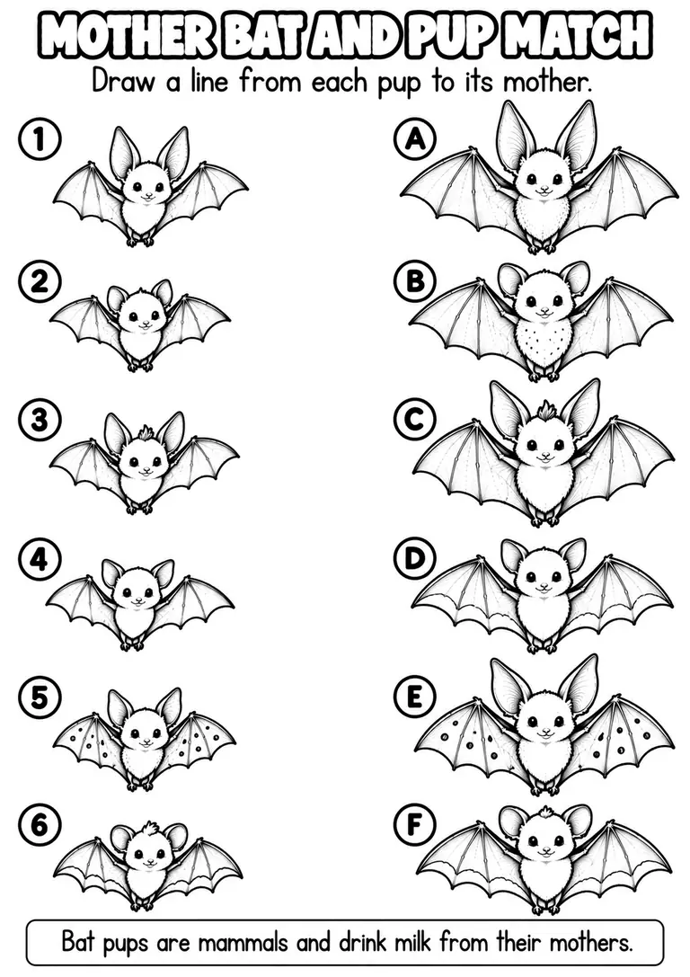 MOTHER BAT AND PUP MATCH for Pre-K, Kindergarten, 1st Grade