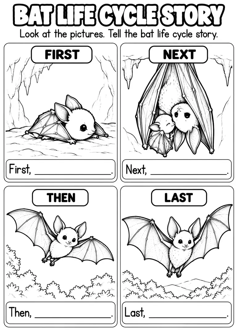 BAT LIFE CYCLE STORY for Pre-K, Kindergarten, 1st Grade