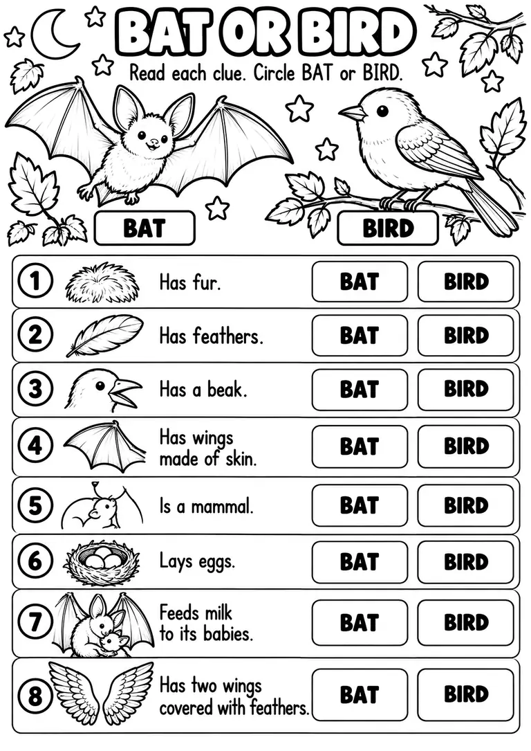 BAT OR BIRD WORKSHEET for Kindergarten, 1st Grade