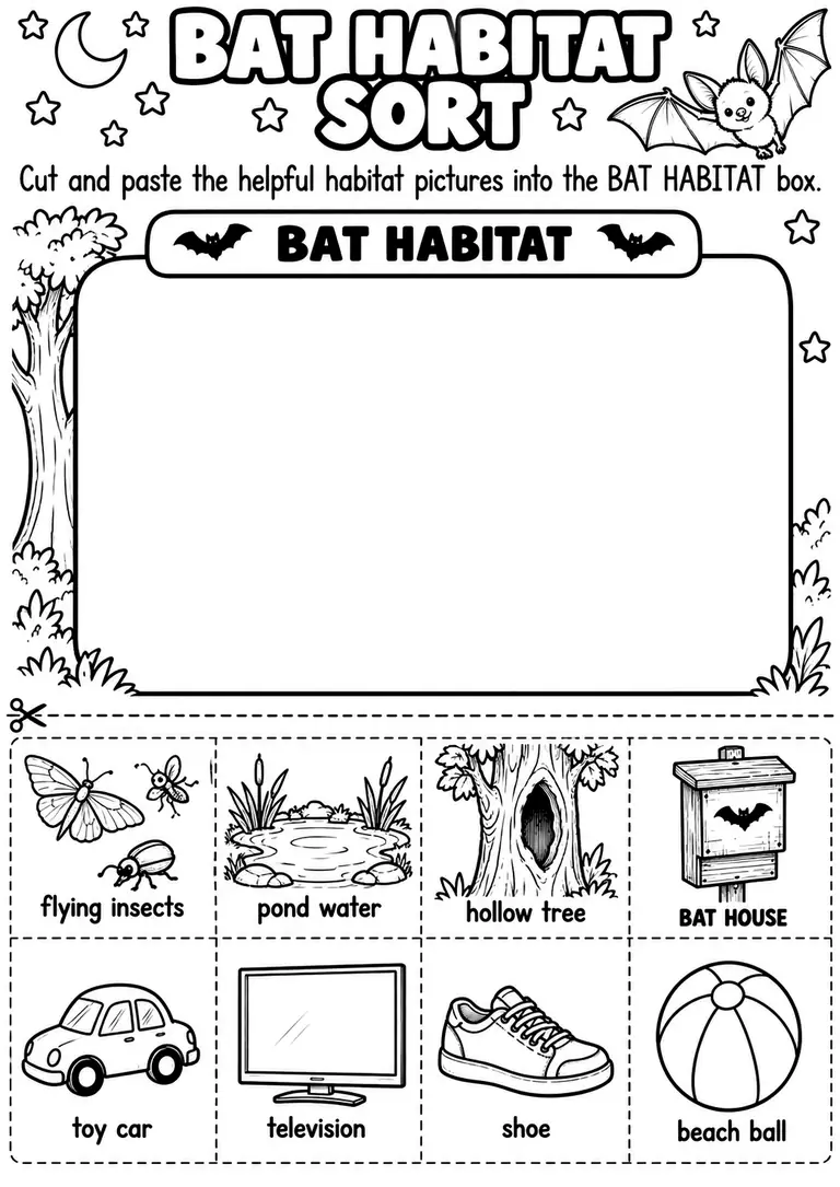 BAT HABITAT SORT for Kindergarten, 1st Grade