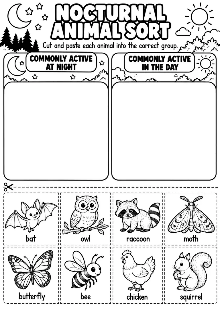 NOCTURNAL ANIMAL SORT WORKSHEET for Kindergarten, 1st Grade