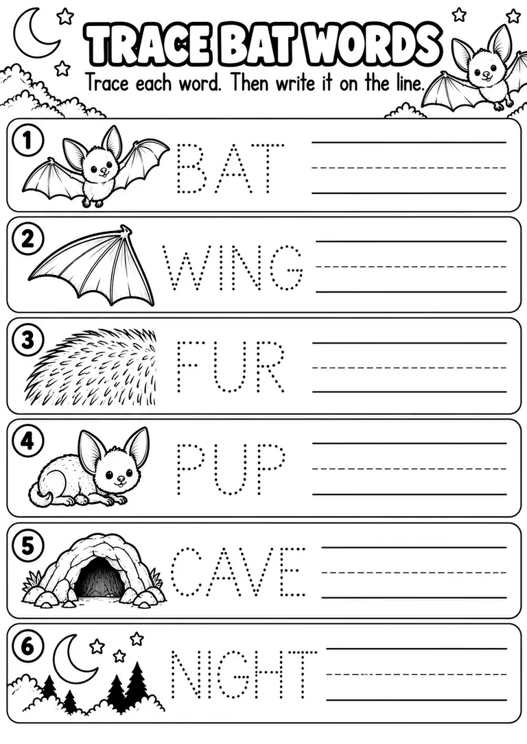 TRACE BAT WORDS for Kindergarten, 1st Grade