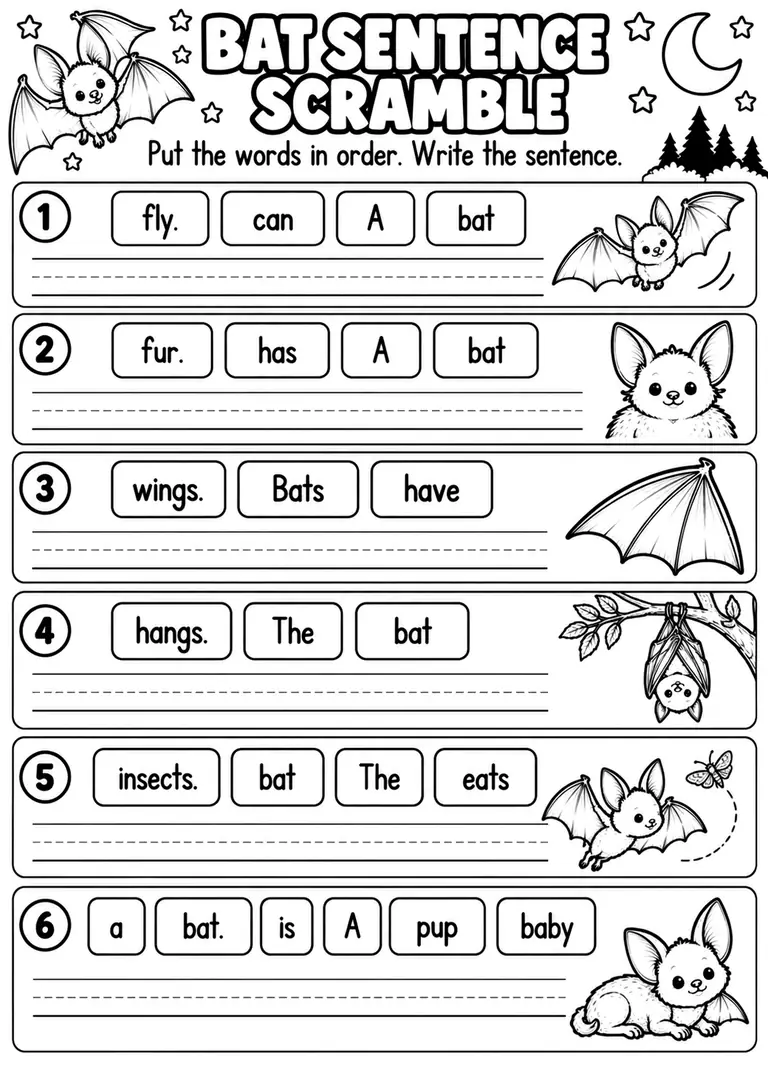 BAT SENTENCE SCRAMBLE for Kindergarten, 1st Grade