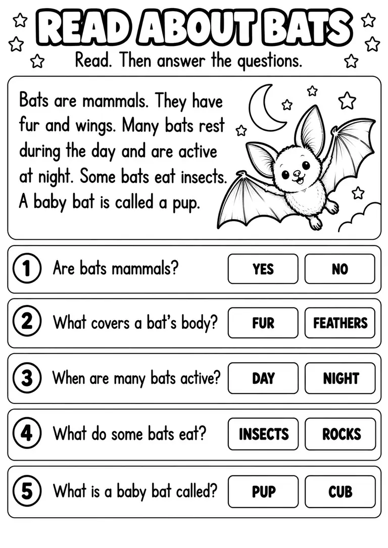 READ ABOUT BATS for Kindergarten, 1st Grade