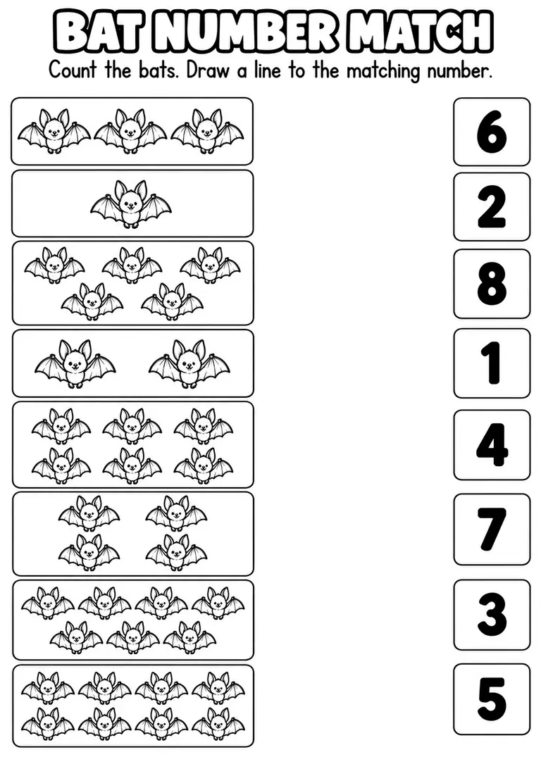 BAT NUMBER MATCH for Kindergarten, 1st Grade