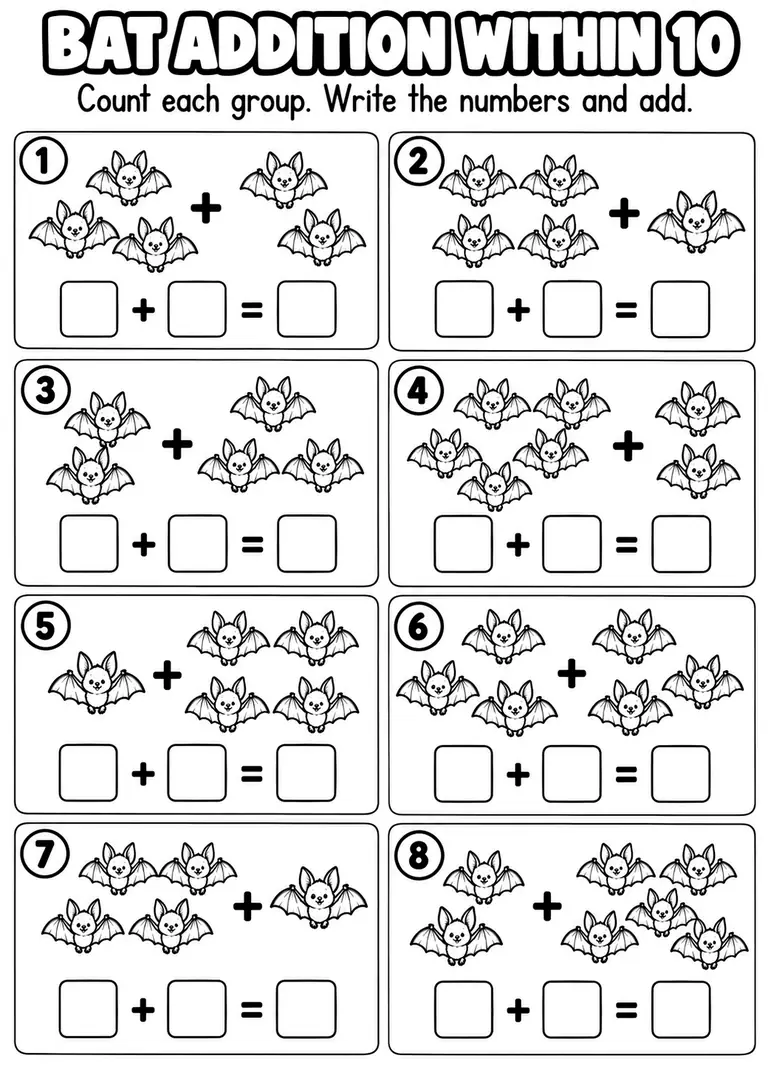 BAT ADDITION WITHIN 10 for Kindergarten, 1st Grade