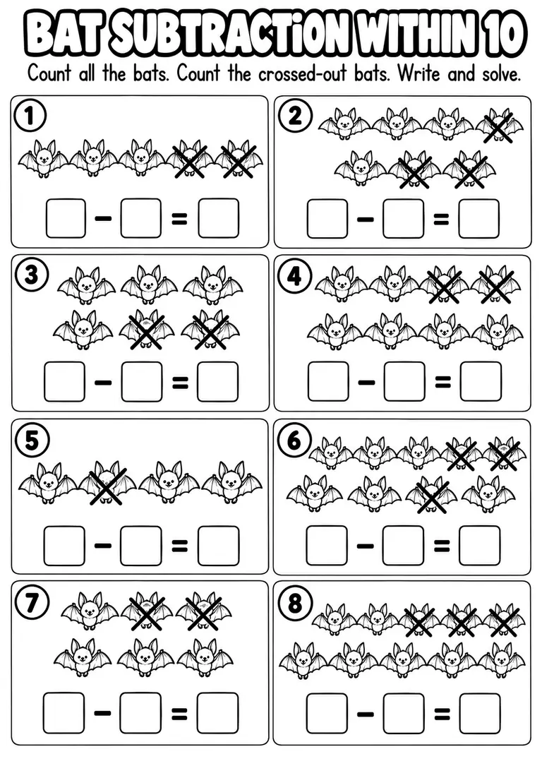 BAT SUBTRACTION WITHIN 10 for Kindergarten, 1st Grade