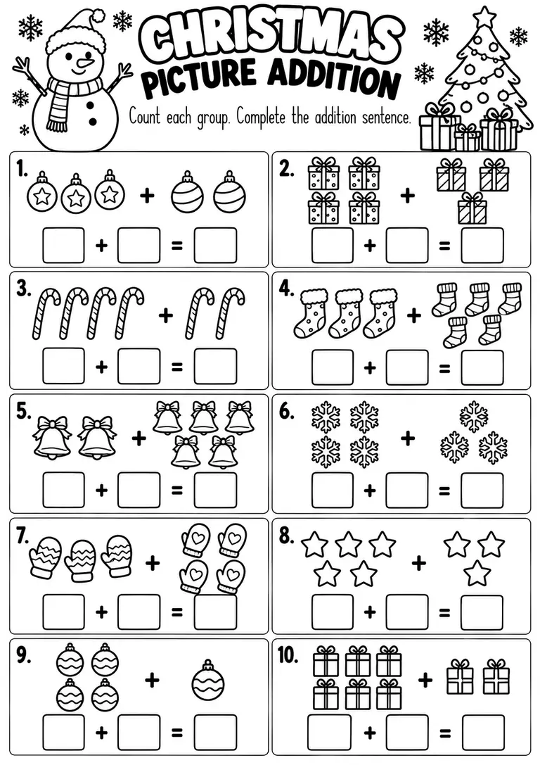 CHRISTMAS PICTURE ADDITION WORKSHEET for Kindergarten, 1st Grade