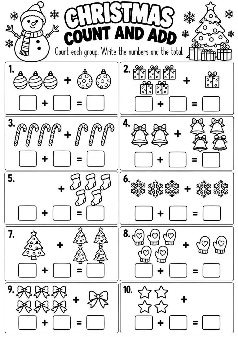 CHRISTMAS COUNT AND ADD WORKSHEET for Kindergarten, 1st Grade