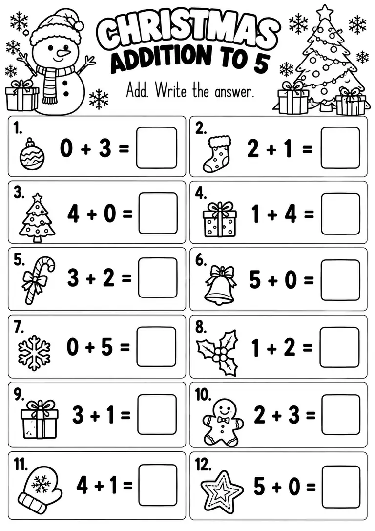 CHRISTMAS ADDITION TO 5 for Kindergarten, 1st Grade