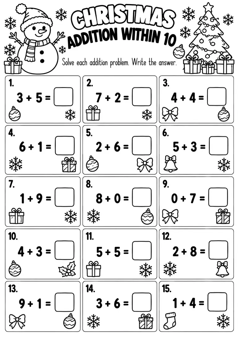 CHRISTMAS ADDITION WITHIN 10 for Kindergarten, 1st Grade