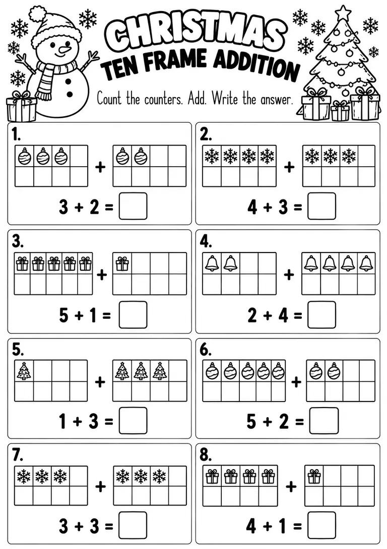 CHRISTMAS TEN FRAME ADDITION WORKSHEET for Kindergarten, 1st Grade