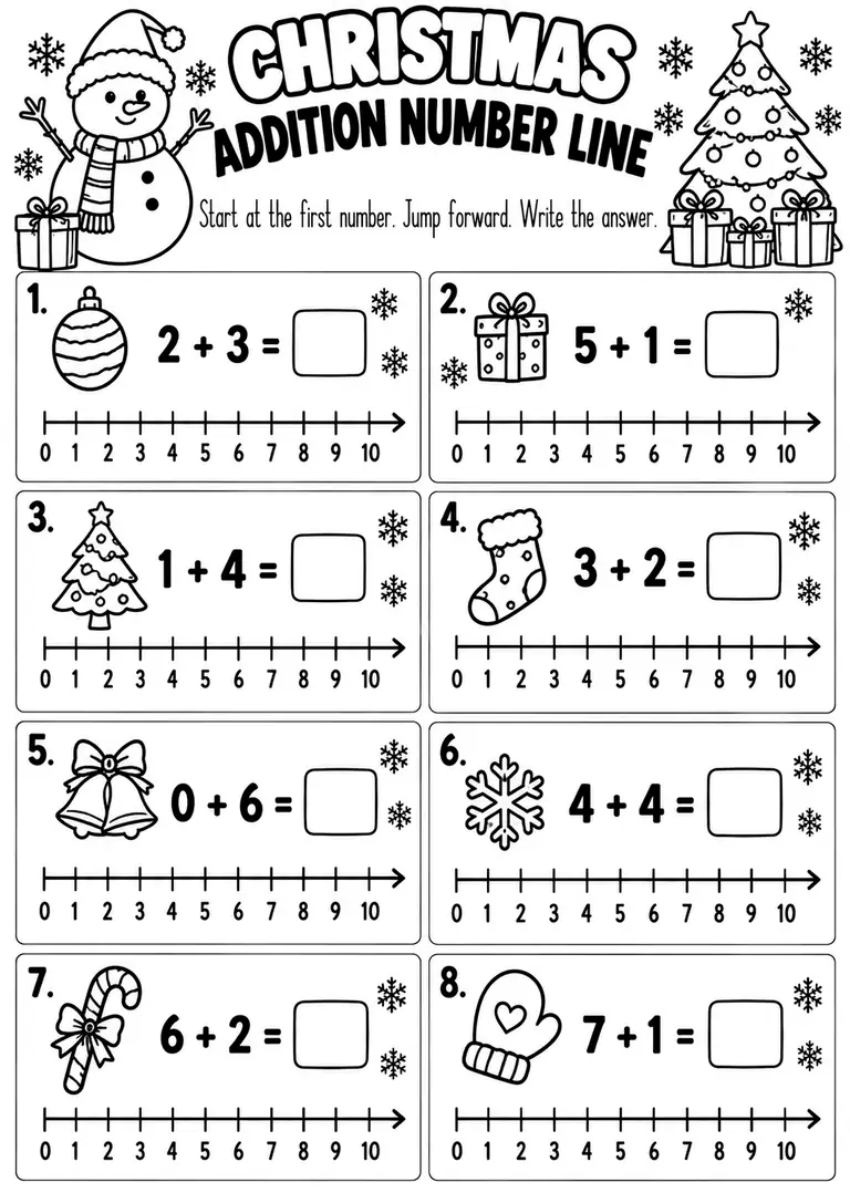 CHRISTMAS ADDITION NUMBER LINE for Kindergarten, 1st Grade