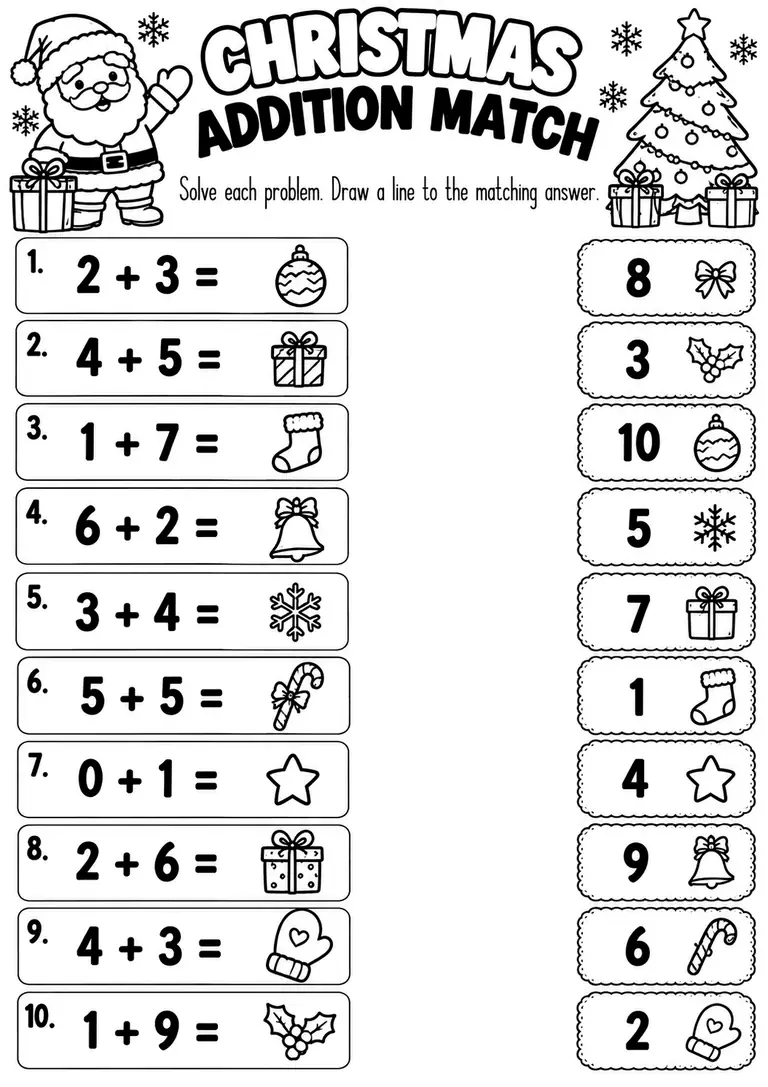 CHRISTMAS ADDITION MATCH for Kindergarten, 1st Grade