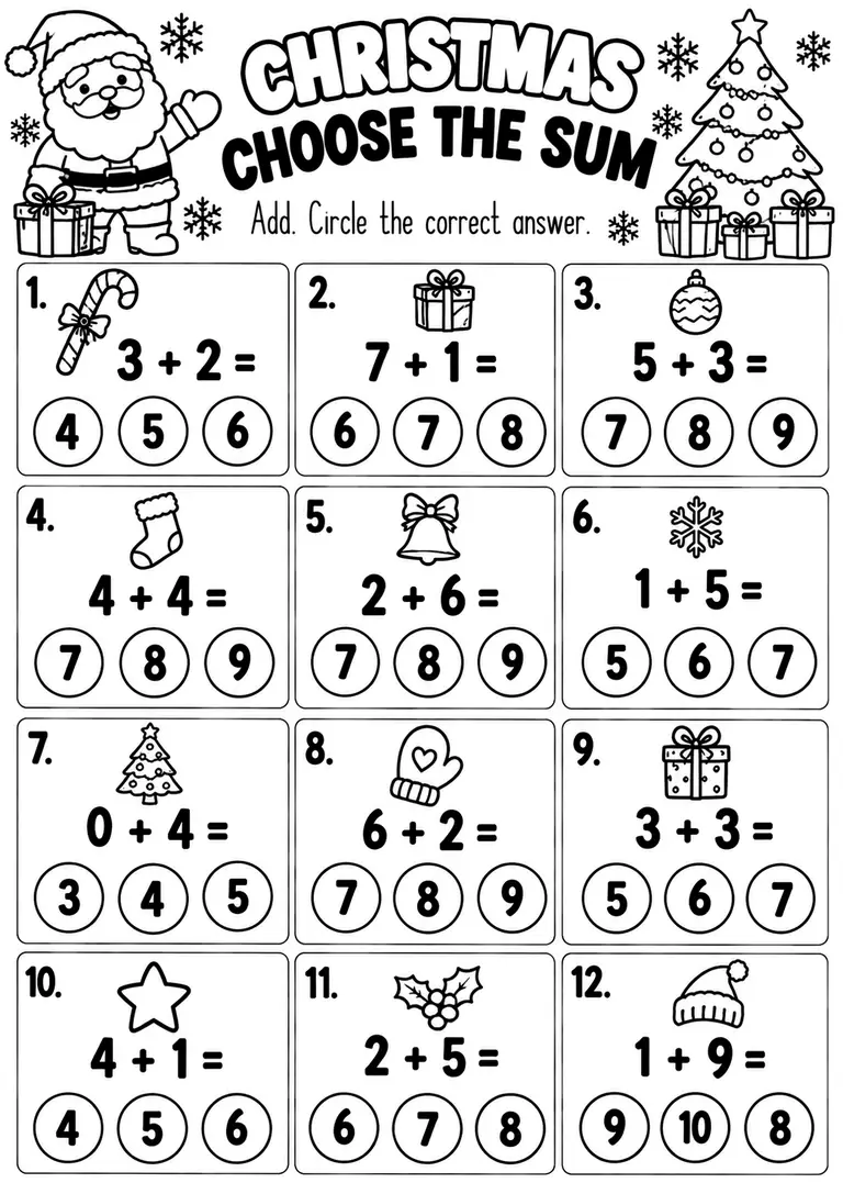CHRISTMAS CHOOSE THE SUM for Kindergarten, 1st Grade