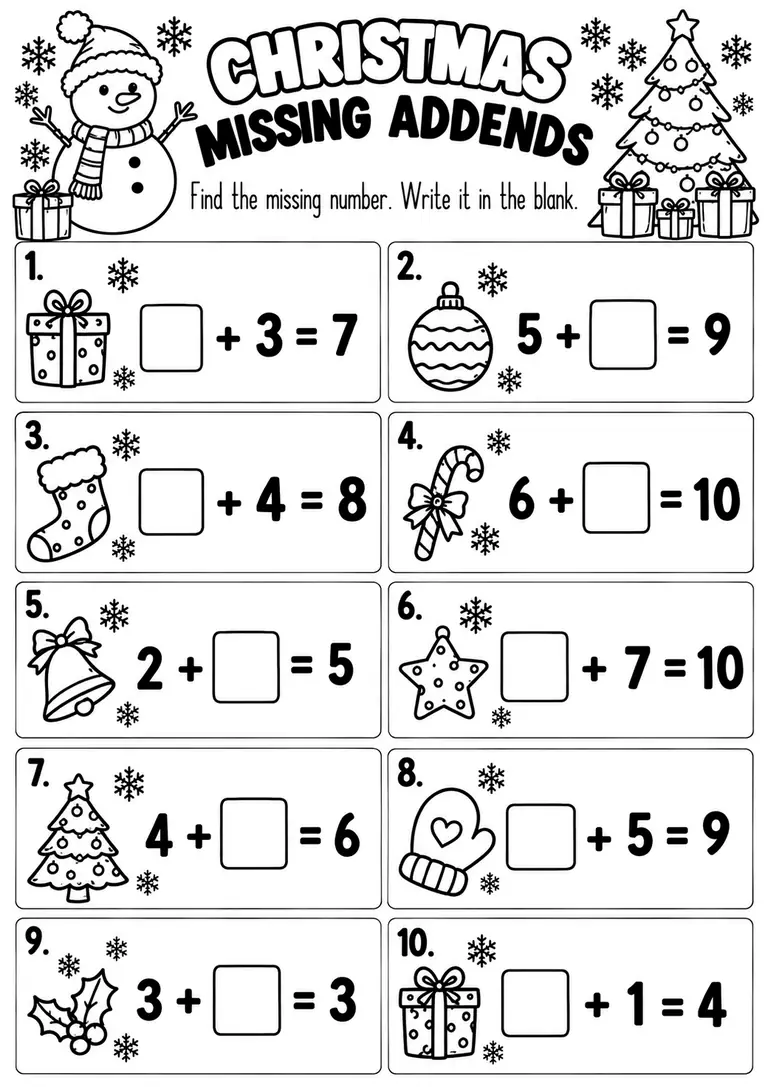 CHRISTMAS MISSING ADDENDS for Kindergarten, 1st Grade