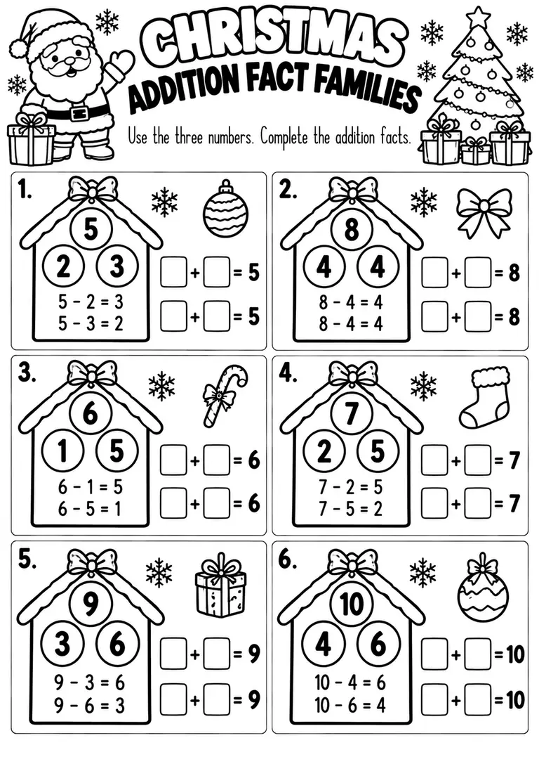 CHRISTMAS ADDITION FACT FAMILIES for Kindergarten, 1st Grade
