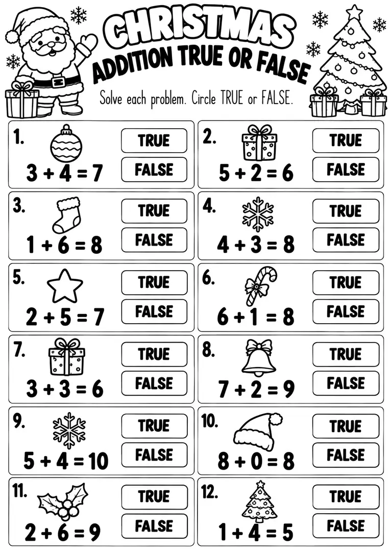 CHRISTMAS ADDITION TRUE OR FALSE for Kindergarten, 1st Grade