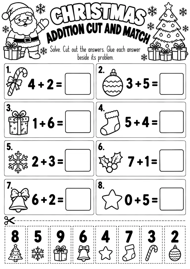 CHRISTMAS ADDITION CUT AND MATCH for Kindergarten, 1st Grade