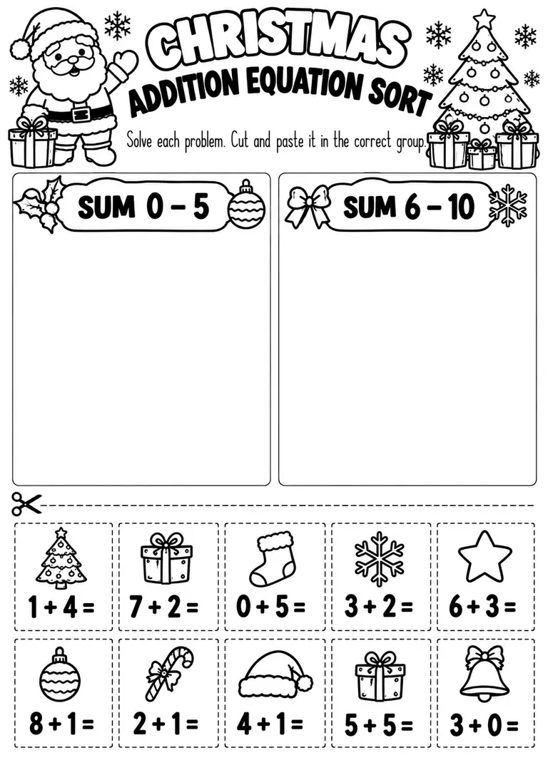 CHRISTMAS ADDITION EQUATION SORT for Kindergarten, 1st Grade