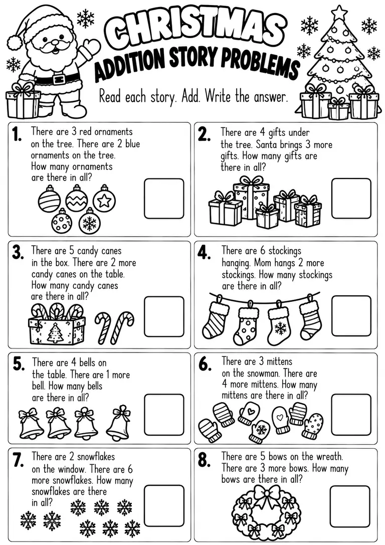 CHRISTMAS ADDITION STORY PROBLEMS for Kindergarten, 1st Grade
