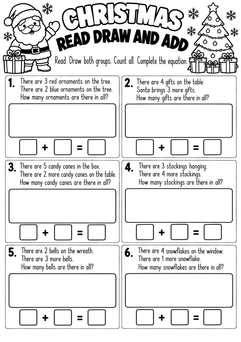 CHRISTMAS READ DRAW AND ADD for Kindergarten, 1st Grade