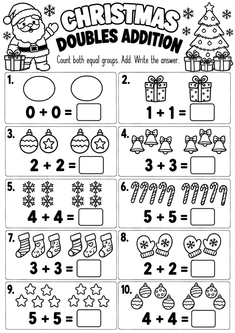 CHRISTMAS DOUBLES ADDITION for Kindergarten, 1st Grade