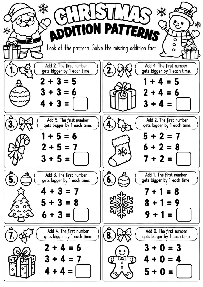 CHRISTMAS ADDITION PATTERNS for Kindergarten, 1st Grade