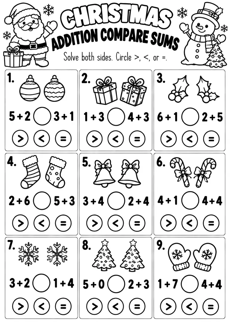 CHRISTMAS ADDITION COMPARE SUMS for Kindergarten, 1st Grade