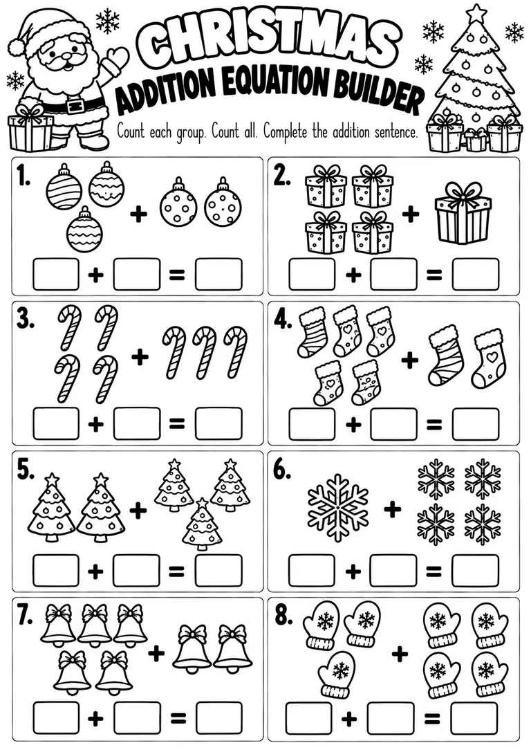 CHRISTMAS ADDITION EQUATION BUILDER for Kindergarten, 1st Grade