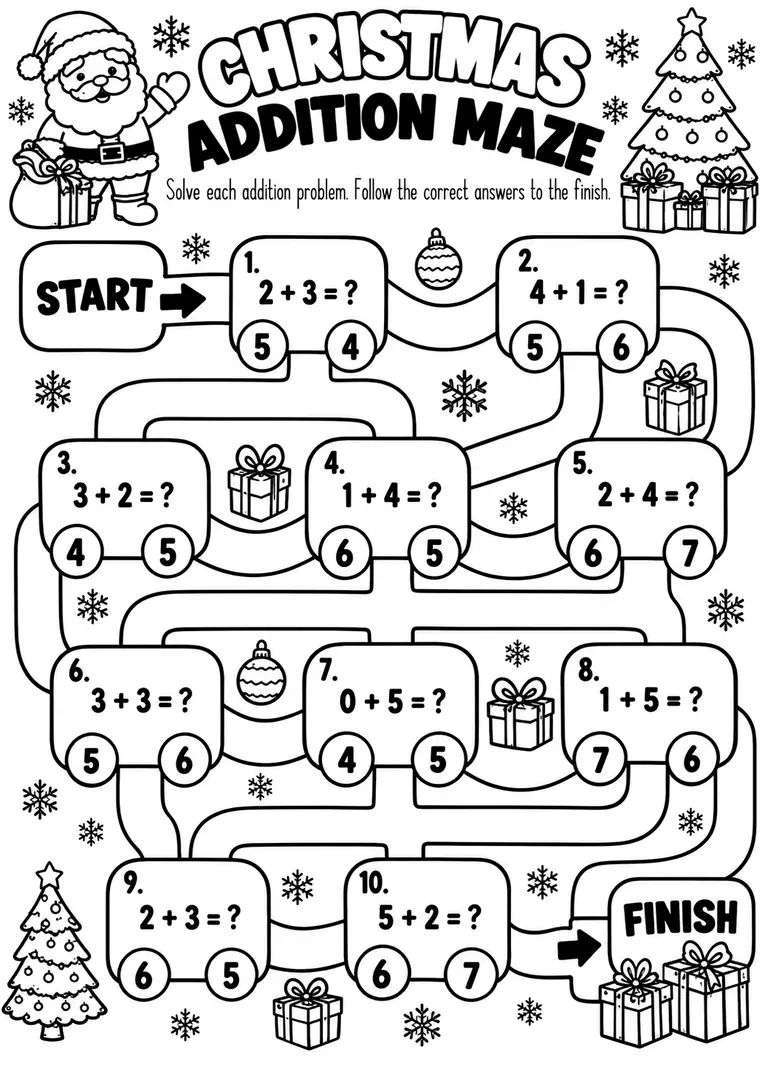 CHRISTMAS ADDITION MAZE for Kindergarten, 1st Grade