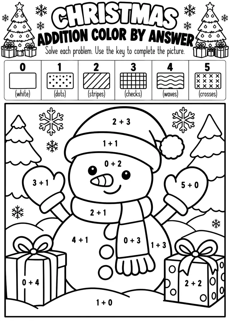 CHRISTMAS ADDITION COLOR BY ANSWER for Kindergarten, 1st Grade