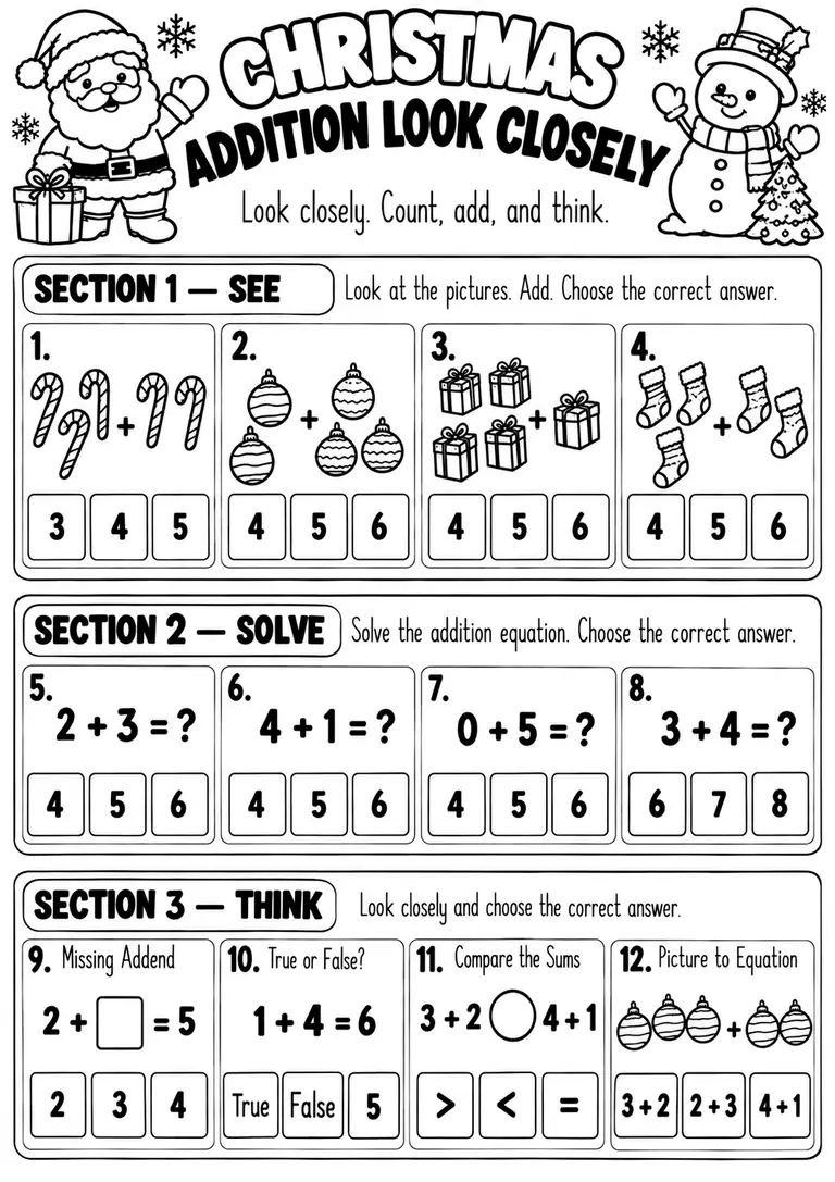 CHRISTMAS ADDITION LOOK CLOSELY for Kindergarten, 1st Grade