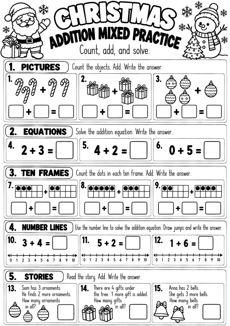 CHRISTMAS ADDITION MIXED PRACTICE for Kindergarten, 1st Grade