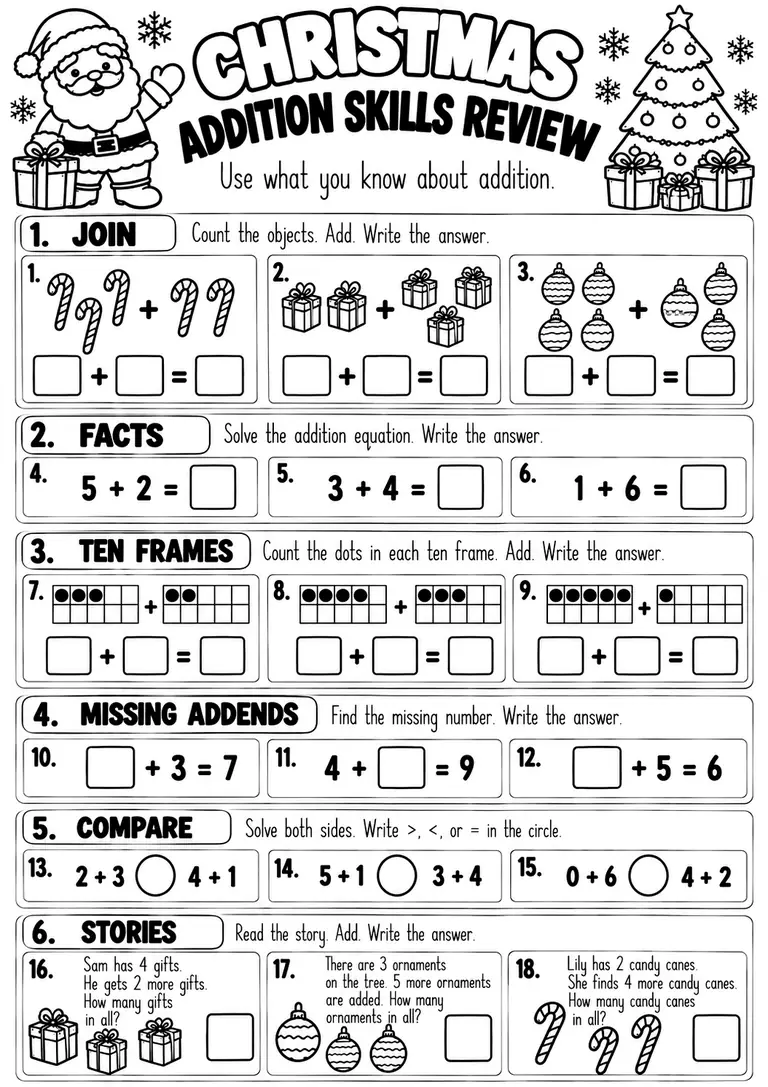 CHRISTMAS ADDITION SKILLS REVIEW for Kindergarten, 1st Grade