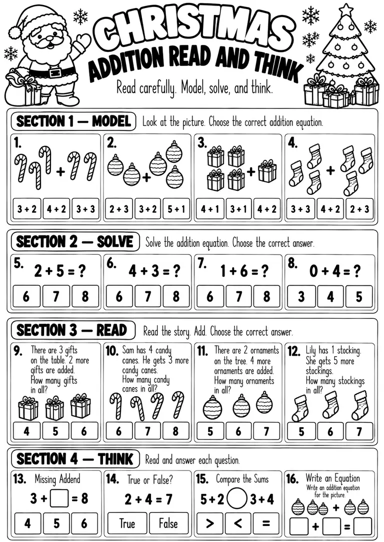 CHRISTMAS ADDITION READ AND THINK for Kindergarten, 1st Grade