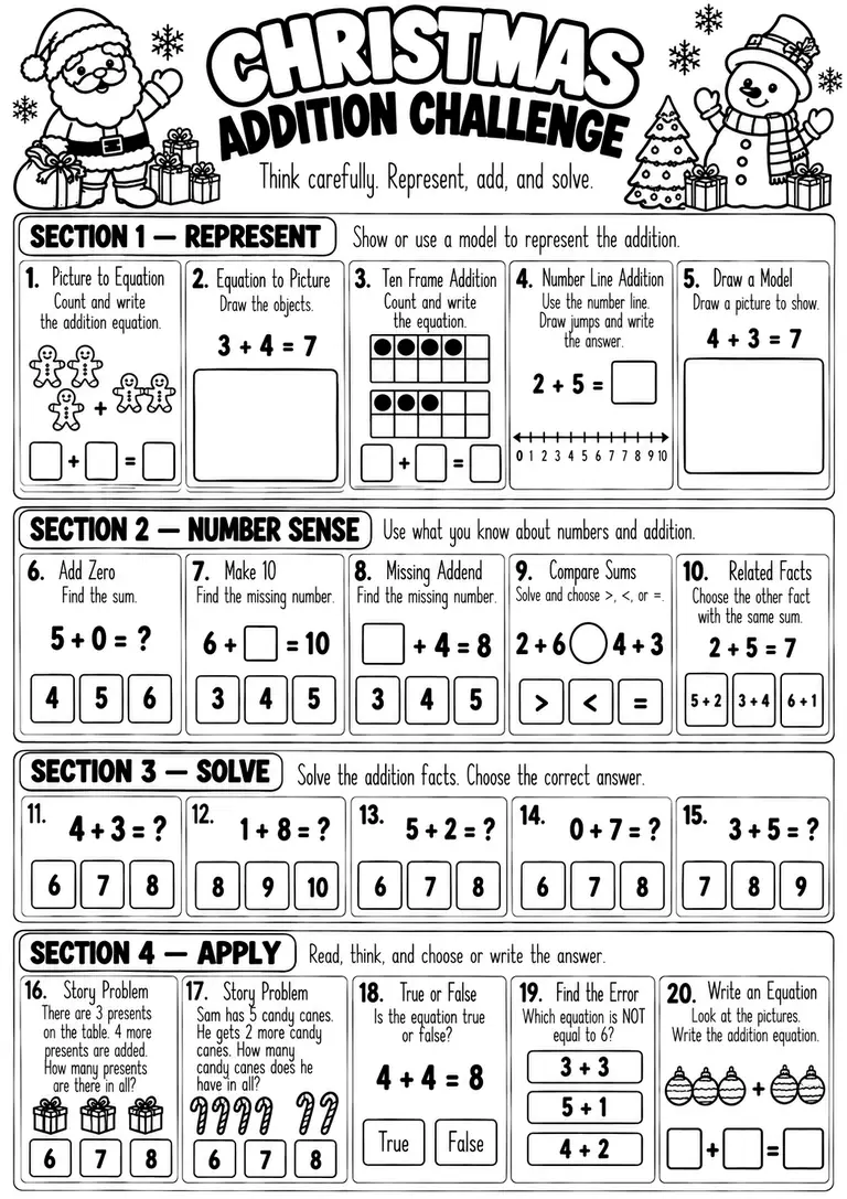 CHRISTMAS ADDITION CHALLENGE for Kindergarten, 1st Grade