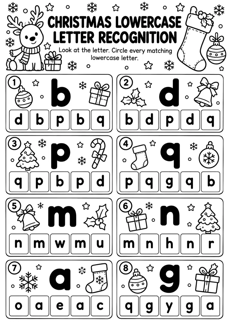 Christmas Lowercase Letter Recognition for Preschool, Pre-K, Kindergarten
