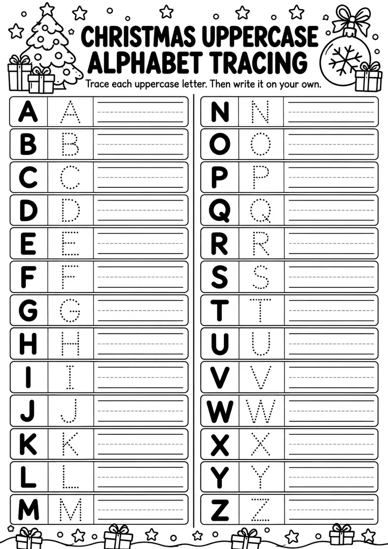 Christmas Uppercase Alphabet Tracing for Preschool, Pre-K, Kindergarten