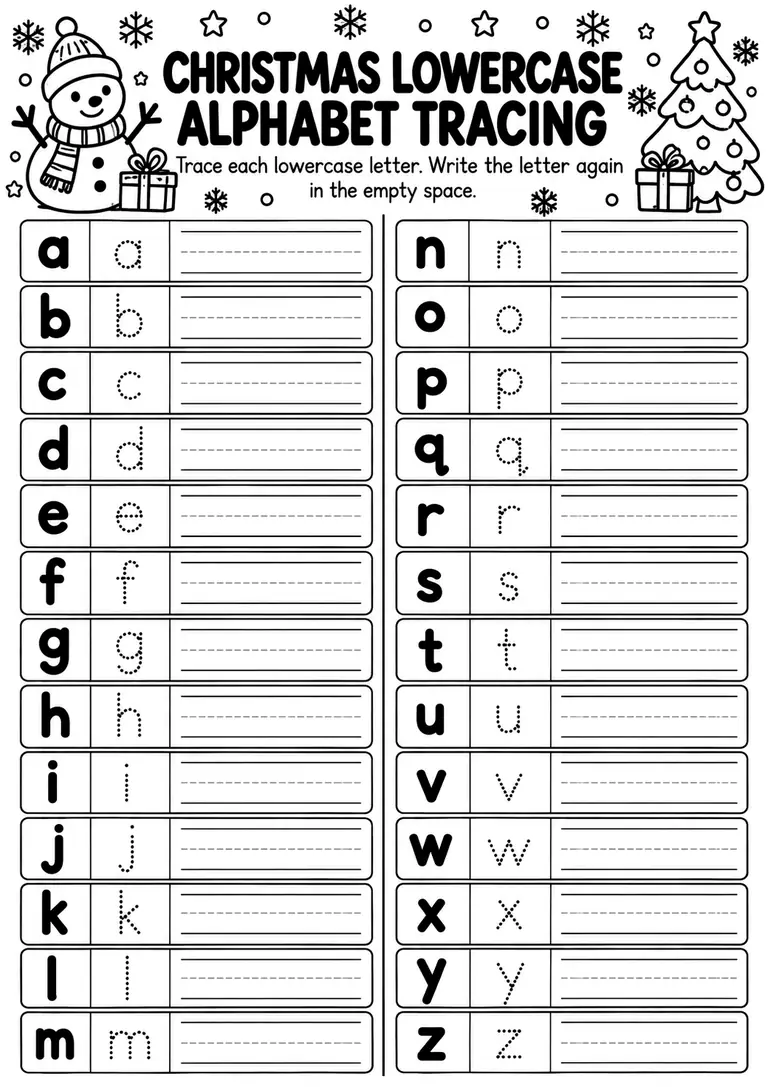 Christmas Lowercase Alphabet Tracing for Preschool, Pre-K, Kindergarten