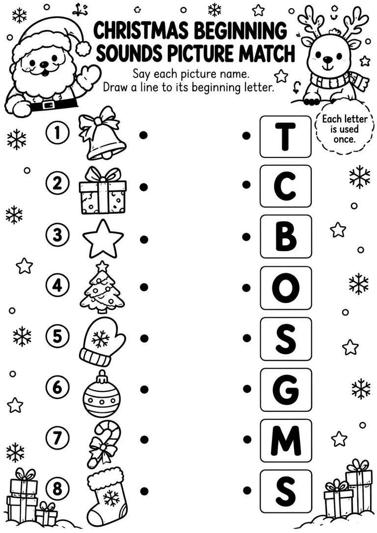 Christmas Beginning Sounds Picture Match for Preschool, Pre-K, Kindergarten