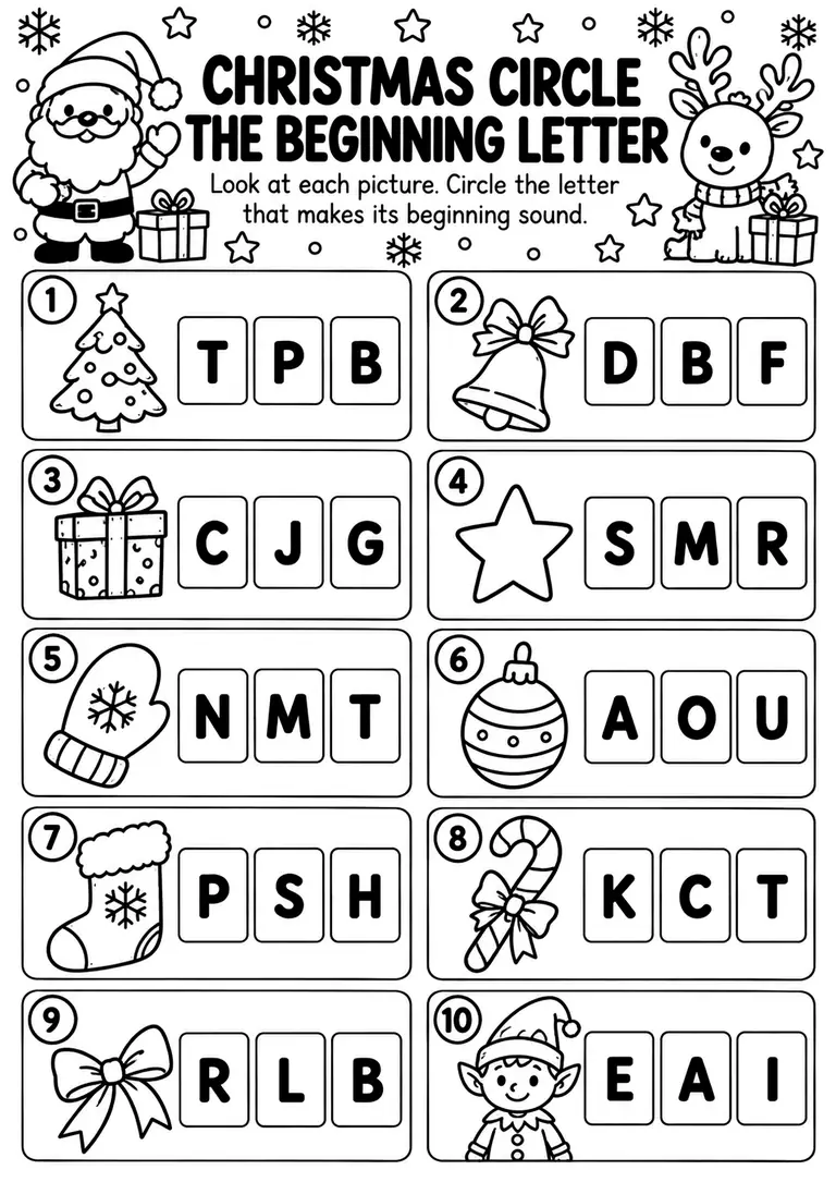 Christmas Circle the Beginning Letter for Preschool, Pre-K, Kindergarten