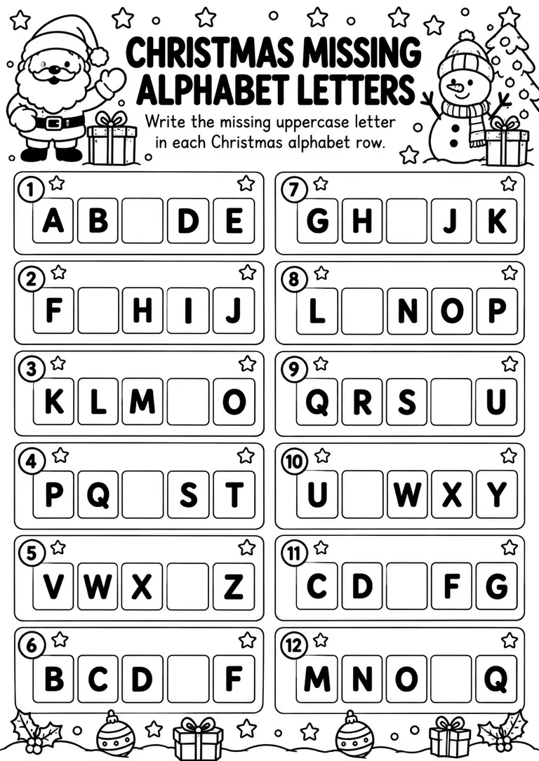 Christmas Missing Alphabet Letters for Preschool, Pre-K, Kindergarten