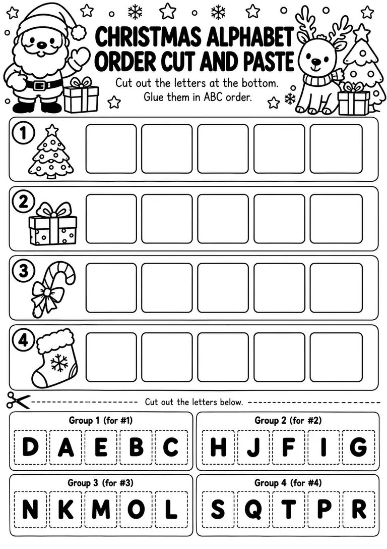 Christmas Alphabet Order Cut and Paste for Preschool, Pre-K, Kindergarten