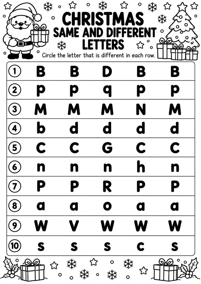 Christmas Same and Different Letters for Preschool, Pre-K, Kindergarten