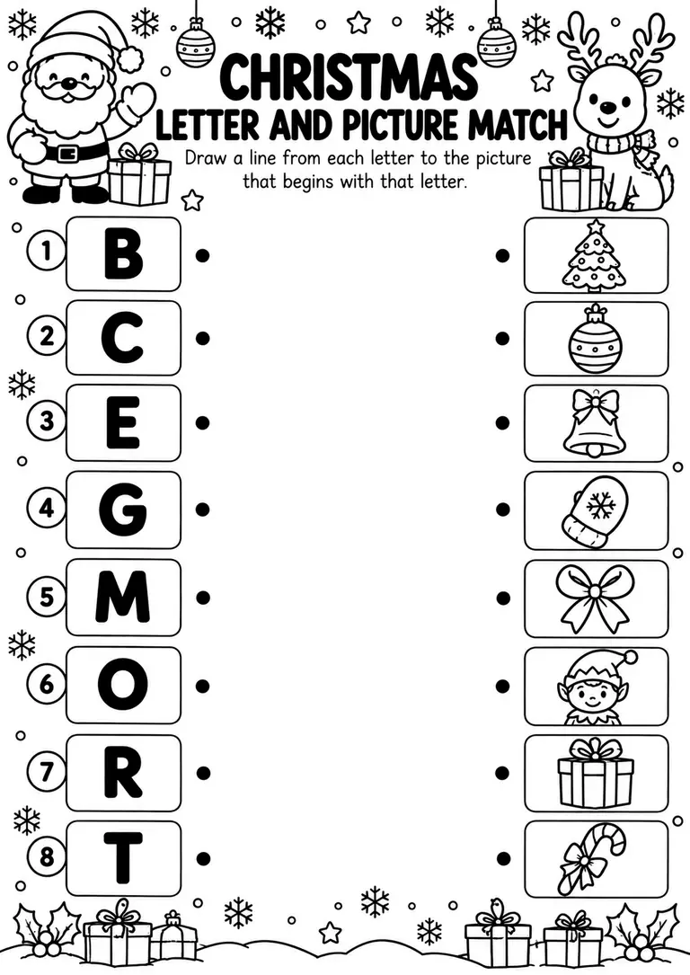 Christmas Letter and Picture Match for Preschool, Pre-K, Kindergarten